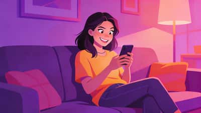 Young woman on a couch with a playful excited expression while looking at her glowing phone in warm living room lighting