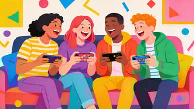 Friends laughing at their phones while playing a group texting game together at a casual hangout