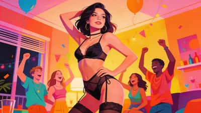 Confident woman in lingerie posing playfully at a fun house party while friends cheer in the background