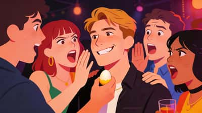 Young adults at a dimly lit party looking mischievous, one person with a cheeky grin being egged on by excited friends