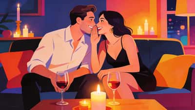 Couple on a couch at an intimate evening gathering whispering flirtatiously to each other with wine glasses and candles
