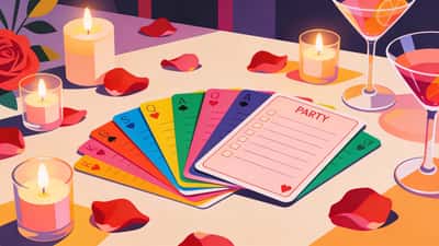Colorful party cards spread on a table with rose petals, candles, and cocktail glasses in a romantic atmosphere