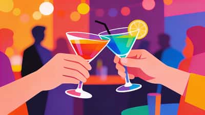 Ręce stukające kolorowymi kieliszkami koktajlowymi na toast na żywej imprezie z ciepłymi światłami bokeh