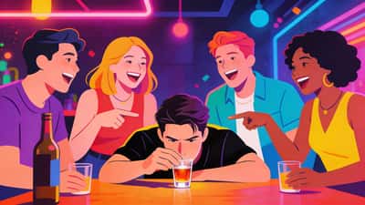 Młodzi dorośli na neonowo oświetlonej imprezie grają w grę alkoholową, jedna osoba pije shota zamiast odpowiadać podczas gdy przyjaciele śmieją się i wskazują