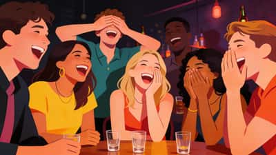 Przyjaciele na nocnej imprezie robią się podchmieleni i chichotliwi, niektórzy zakrywają twarze śmiejąc się z pustymi kieliszkami na stole