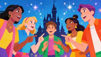 Venner på en magisk Disney-temafest debatterer hypotetiske valg med en eventyrslott-silhuett og gnister