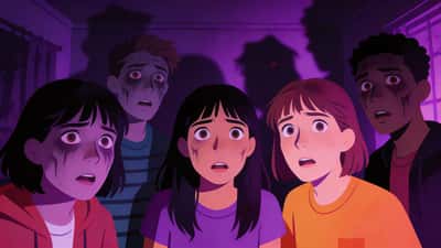 Amici in una stanza poco illuminata con illuminazione viola inquietante che sembrano perseguitati e affascinati mentre contemplano un oscuro dilemma morale