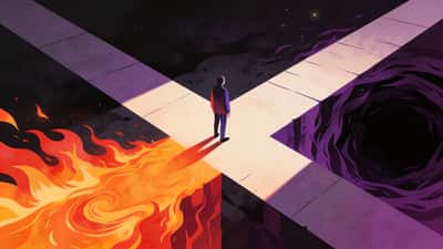 Persona in piedi a un bivio surreale con due percorsi da incubo, uno che porta nel fuoco e uno in un vuoto oscuro