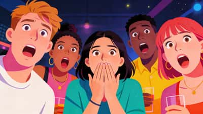 Giovani adulti a un incontro notturno che sembrano scioccati e scandalizzati con le mascelle cadute e gli occhi spalancati per l'incredulità