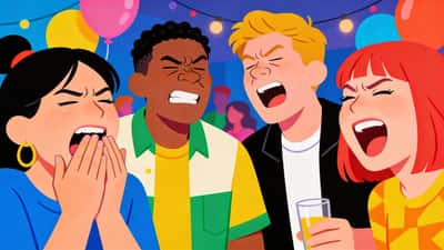 Amici a una festa con facce disgustate e inorridite mentre discutono di qualcosa di disgustoso, una persona che ha conati mentre gli altri rabbrividiscono