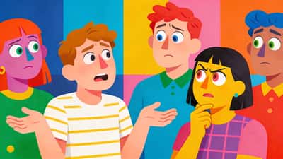 Amici con espressioni confuse e bizzarre che dibattono uno scenario ipotetico strano con facce pensierose esagerate