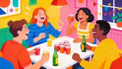 Young adults at a house party playing a drinking game with cups and bottles on a table