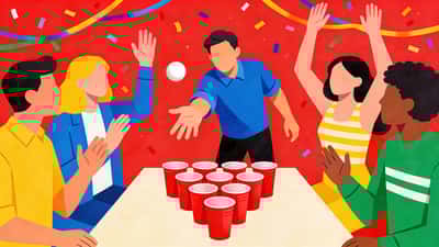 Friends playing beer pong at a party with red cups in triangle formation