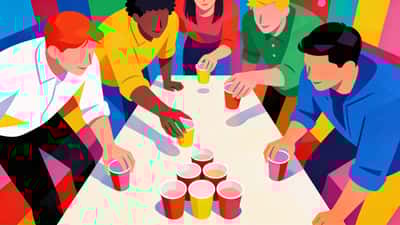 Friends playing flip cup at a party competing to flip cups on a table