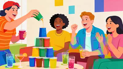 Friends at a house party playing a fun drinking challenge stacking cups