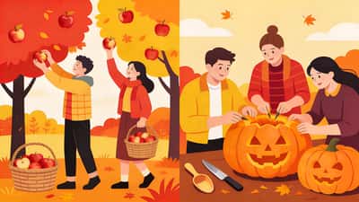 Friends at an autumn outdoor gathering choosing between fall activities with vibrant orange red and yellow fall colors