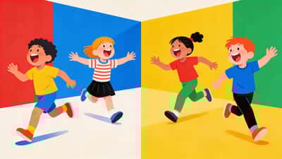 Children running to different corners of a colorful room during a fun party game, each corner a different bright color