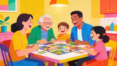 Familia feliz jugando un juego de mesa juntos en la mesa del comedor con abuelos y niños