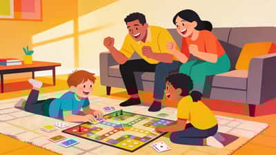 Familia teniendo una noche de juegos divertida en la sala con niños en el suelo