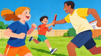 Familia haciendo una divertida carrera de relevos al aire libre en el patio en un día soleado