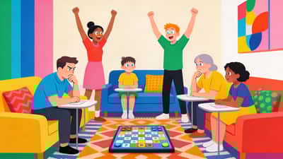 Familia jugando un juego de trivia juntos con algunos levantando la mano para responder