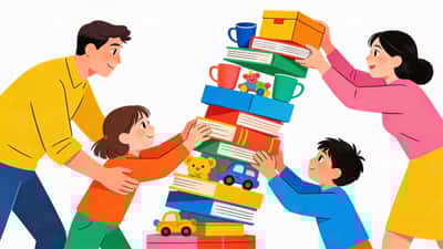 Familia construyendo una torre juntos como un divertido desafío de equilibrio a punto de caer