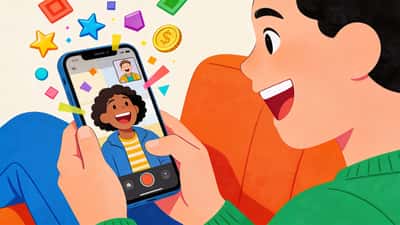 Person having fun playing a phone game with a friend on a video call, both laughing with colorful game elements floating around