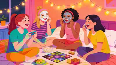 Tyttökaverit hauskassa yökyläilyjuhlissa tekevät kasvonaamioita nauraen keijuvaloin