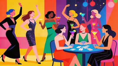 Naiset glamourin tyttöjenillassa pelaavat juhlapelejä cocktailien kanssa