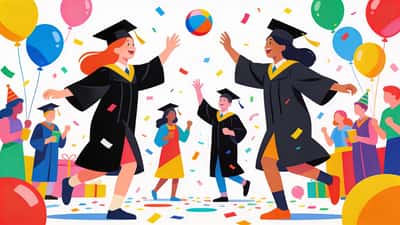 Graduates in caps and gowns playing fun party games with confetti and balloons