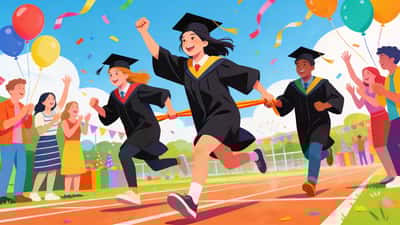 Graduates doing a fun relay race at an outdoor party with graduation caps