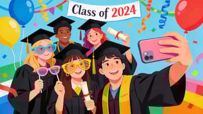 Graduates playing a photo scavenger hunt taking silly selfies with props