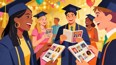 Graduates playing a guess-who memory game reminiscing about school memories