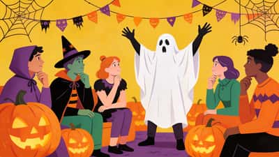 Przyjaciele w kostiumach na Halloween grają w kalambury na strasznym przyjęciu, jedna osoba odgrywa ducha podczas gdy inni zgadują otoczeni dyniami