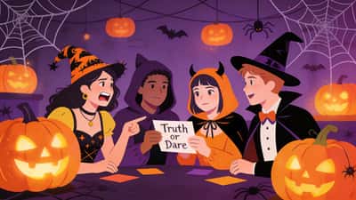 Ystävät halloween-asuissa pelaavat totuutta tai tehtävää pelottavissa juhlissa kurpitsalyhdyillä ja hämähäkinverkoilla