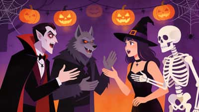 Friends in Halloween costumes debating spooky hypothetical choices at a haunted party with pumpkins and cobwebs
