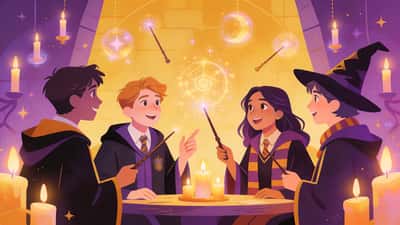 Друзі у мантіях чарівників обговорюють магічні гіпотетичні вибори в оточенні літаючих свічок та чарівних паличок