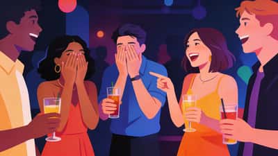 Unga vuxna på en dunkelt belyst fest med drinkar, några täcker ansiktet medan andra pekar och skrattar under ett skandalöst bekännelsespel