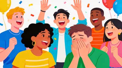 Vänner på en fest räcker upp händerna och skrattar, några ser generade ut medan de erkänner något roligt under ett bekännelsespel