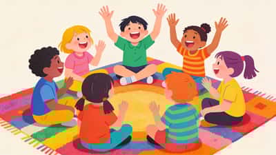 Glada barn sitter i en cirkel på en färgglad matta och spelar ett bekännelsespel, några räcker entusiastiskt upp händerna medan de fnissar