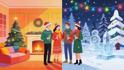 Friends at a festive holiday party choosing between two fun holiday options with Christmas lights and decorations