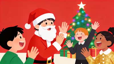 Çocuklar süslü bir ağaçla Noel partisinde sessiz sinema oynuyor, bir çocuk Noel Baba gibi yaparken diğerleri kıkırdıyor