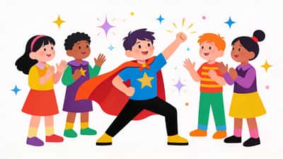 Bir çocuk pelerin giyip kahraman pozu verirken diğer çocuklar parıltılar ve yıldızlarla hangi karakteri canlandırdığını tahmin ediyor