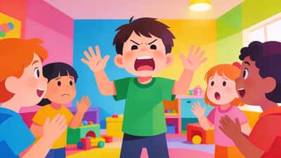 Bir çocuk renkli bir oyun odasında diğer çocuklar izleyip tahmin ederken farklı duyguları gösteren abartılı yüz ifadeleri yapıyor