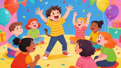 Mutlu çocuklar doğum günü partisinde sessiz sinema oynuyor, bir çocuk komik hayvan taklidi yaparken diğerleri heyecanla tahmin ediyor