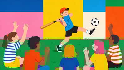 Bir çocuk sessiz sinema için spor canlandırırken futbol topu tekmeliyormuş gibi yapıyor, diğer çocuklar çimde oturup izliyor ve tahmin ediyor