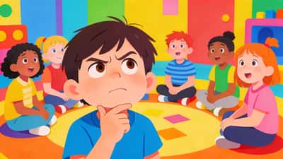 Anak-anak duduk melingkar di ruang bermain berwarna-warni, satu anak berpikir apakah akan memilih kebenaran atau tantangan sementara yang lain menunggu dengan antusias