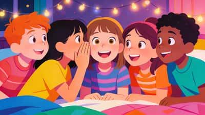 Anak-anak di acara menginap bertanya pertanyaan seru, satu anak berbisik rahasia sementara yang lain mencondongkan badan dengan mata lebar dan senyum besar