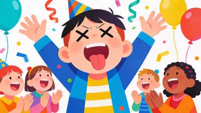 Anak melakukan tantangan lucu di pesta ulang tahun, membuat wajah konyol sementara anak-anak lain bertepuk tangan dan tertawa dengan balon di sekitar