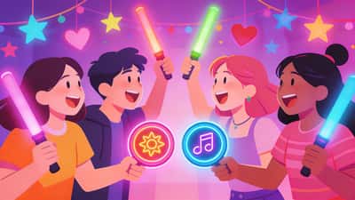 Vänner på en K-pop temafest med färgglada dekorationer håller ljusstavarna och väljer mellan alternativ med uppspelta uttryck